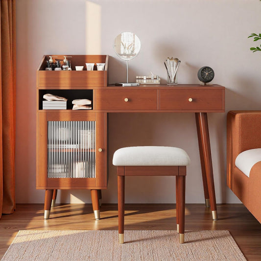 Wooden Makeup Vanity Desk, Modern Dressing Table with Spacious Desktop & Large Drawer, Stool, Space-Saving Dresser Table with Side Cabinets & Charging Port for Small Places, Walnut