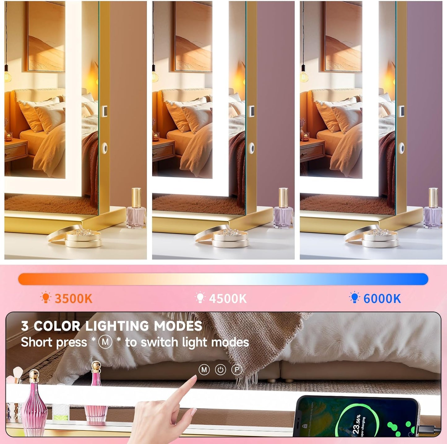 Vanity Mirror with Lights, 23" x 18" LED Makeup Mirror with 10X Magnification, Dimmable 3 Modes, Memory Function, Smart Touch, USB Charging Port, Lighted Makeup Mirror Square Glod