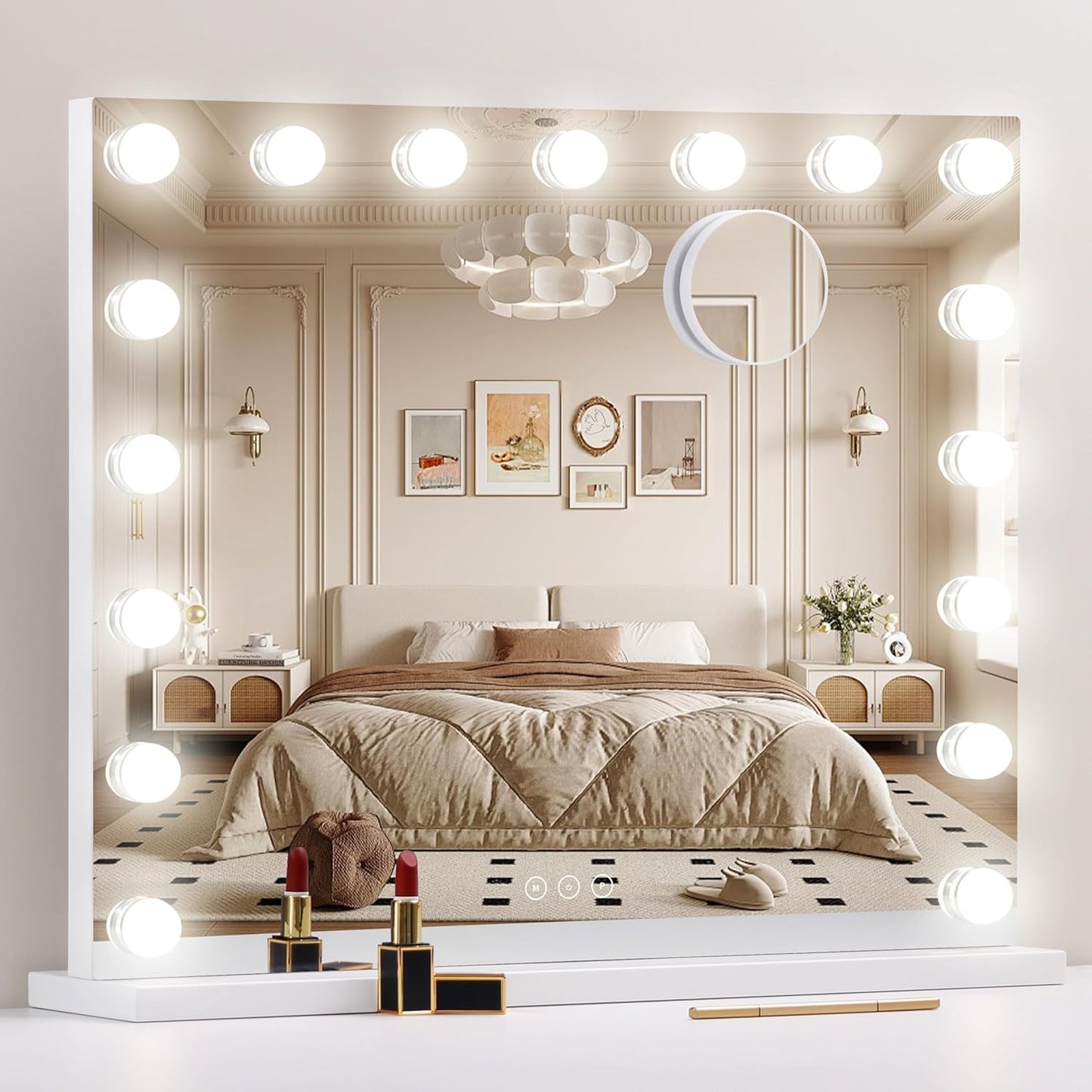 Vanity Mirror with Lights,Makeup Mirror with 17 Dimmable LED Bulbs, 3 Color Lighting Modes Detachable 10X Magnification Mirror Touch Control, 23.6X19,7 inch, White