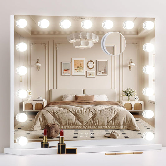 Vanity Mirror with Lights,Makeup Mirror with 17 Dimmable LED Bulbs, 3 Color Lighting Modes Detachable 10X Magnification Mirror Touch Control, 23.6X19,7 inch, White