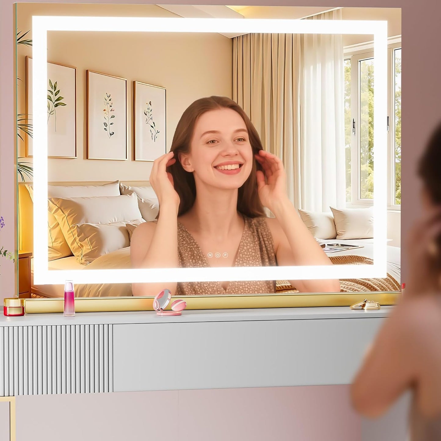 Vanity Mirror with Lights, 23" x 18" LED Makeup Mirror with 10X Magnification, Dimmable 3 Modes, Memory Function, Smart Touch, USB Charging Port, Lighted Makeup Mirror Square Glod