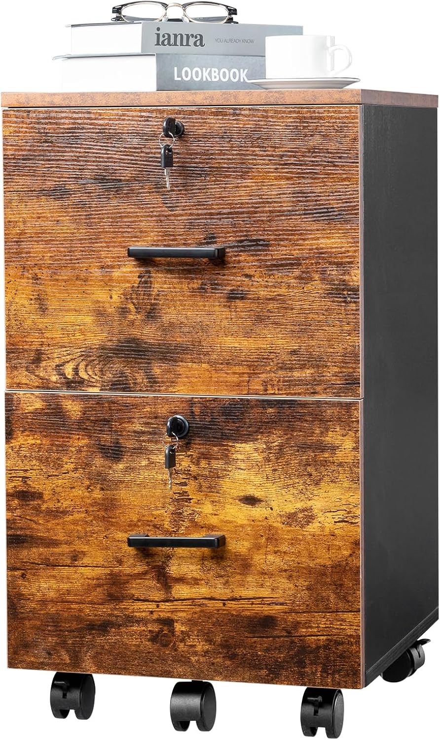 VINGLI 2-Drawer Rolling File Cabinet with Lock, Wood Mobile File Organization for Hanging Letter Size Filings Under Desk Filing Cabinets for Home Office, Assembly Required, Classic Walnut, 26.5" H