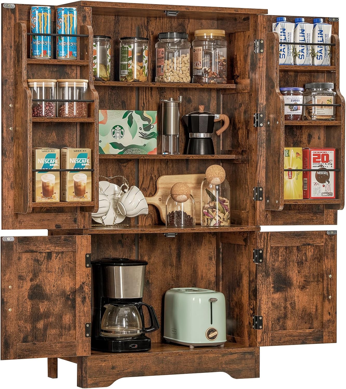 usikey Storage Cabinet with 4 Doors, 43.3" H Farmhouse Kitchen Cabinet with 6 Door Shelves, Kitchen Storage Cabinets with Adjustable Shelves, for Living Room, Antique Oak