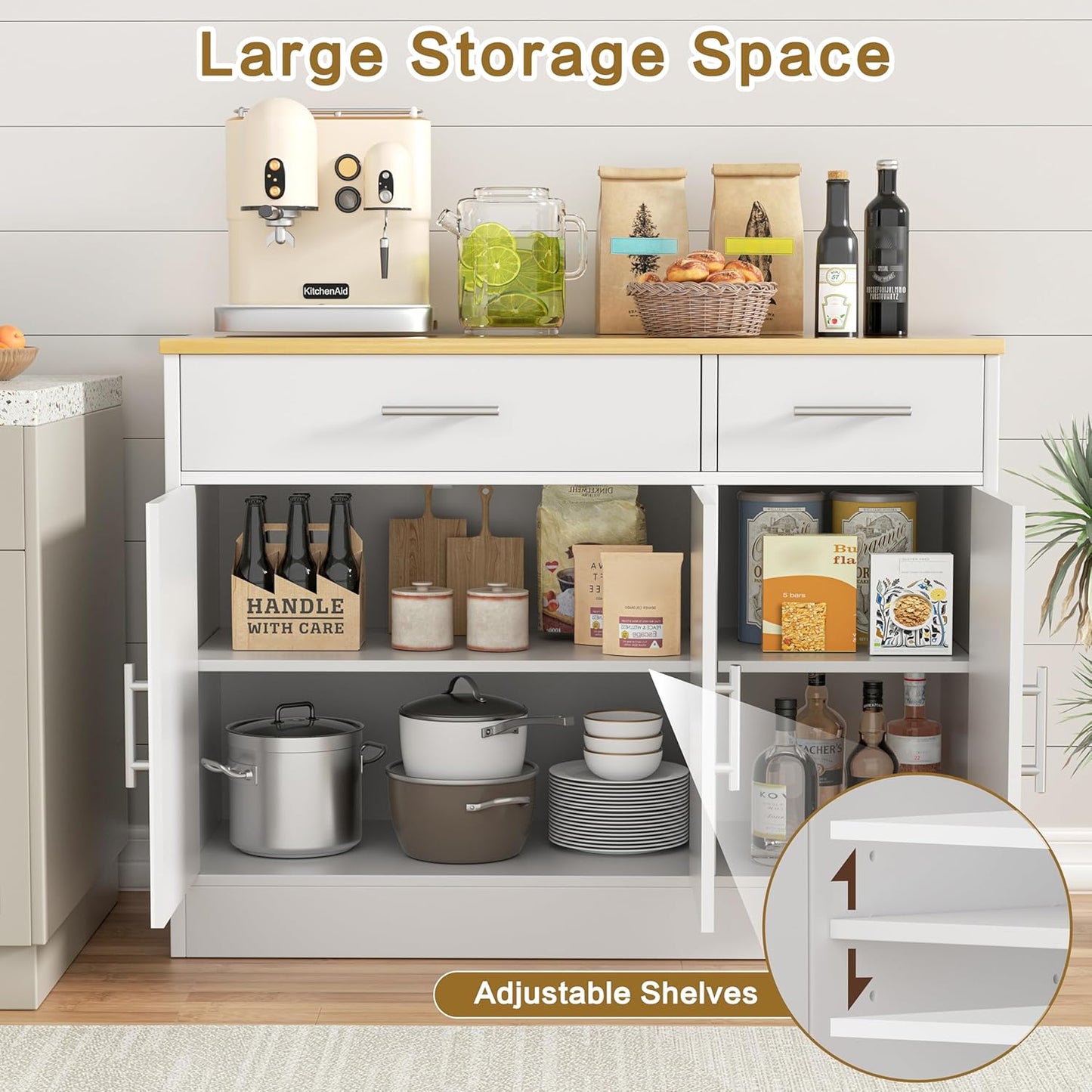 Shintenchi 3 Doors Farmhouse Sideboard Buffet Cabinet,41" Barn Doors Buffet Cabinet with Storage,Wood Coffee Bar Cabinet with Adjustable Shelf for Kitchen,Living Room,White