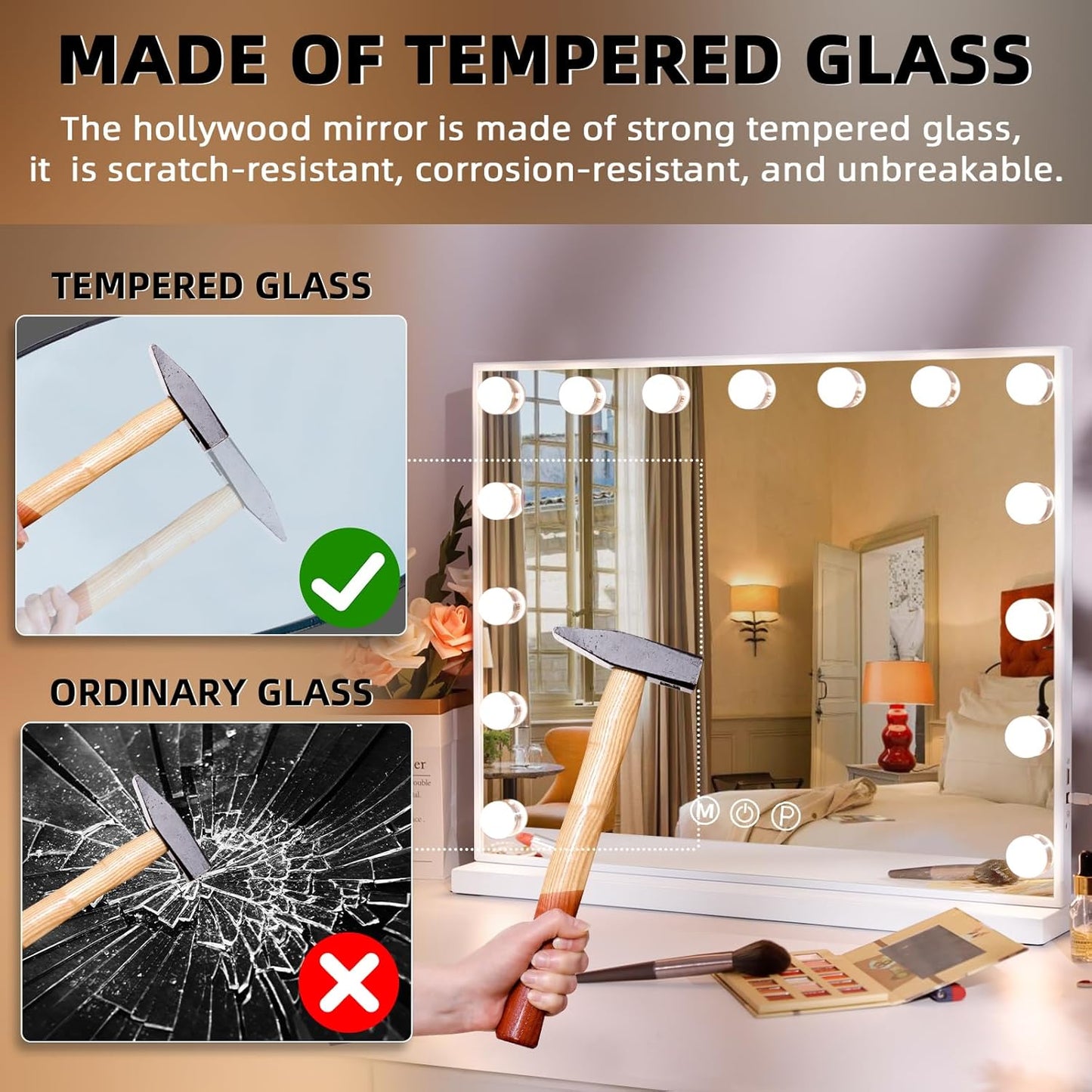 Hansong Vanity Mirror with Lights, 22''x18'' Hollywood Mirror, Makeup Mirror with 15 Dimmable Bulbs, 10X Magnification and USB Charging Port, White