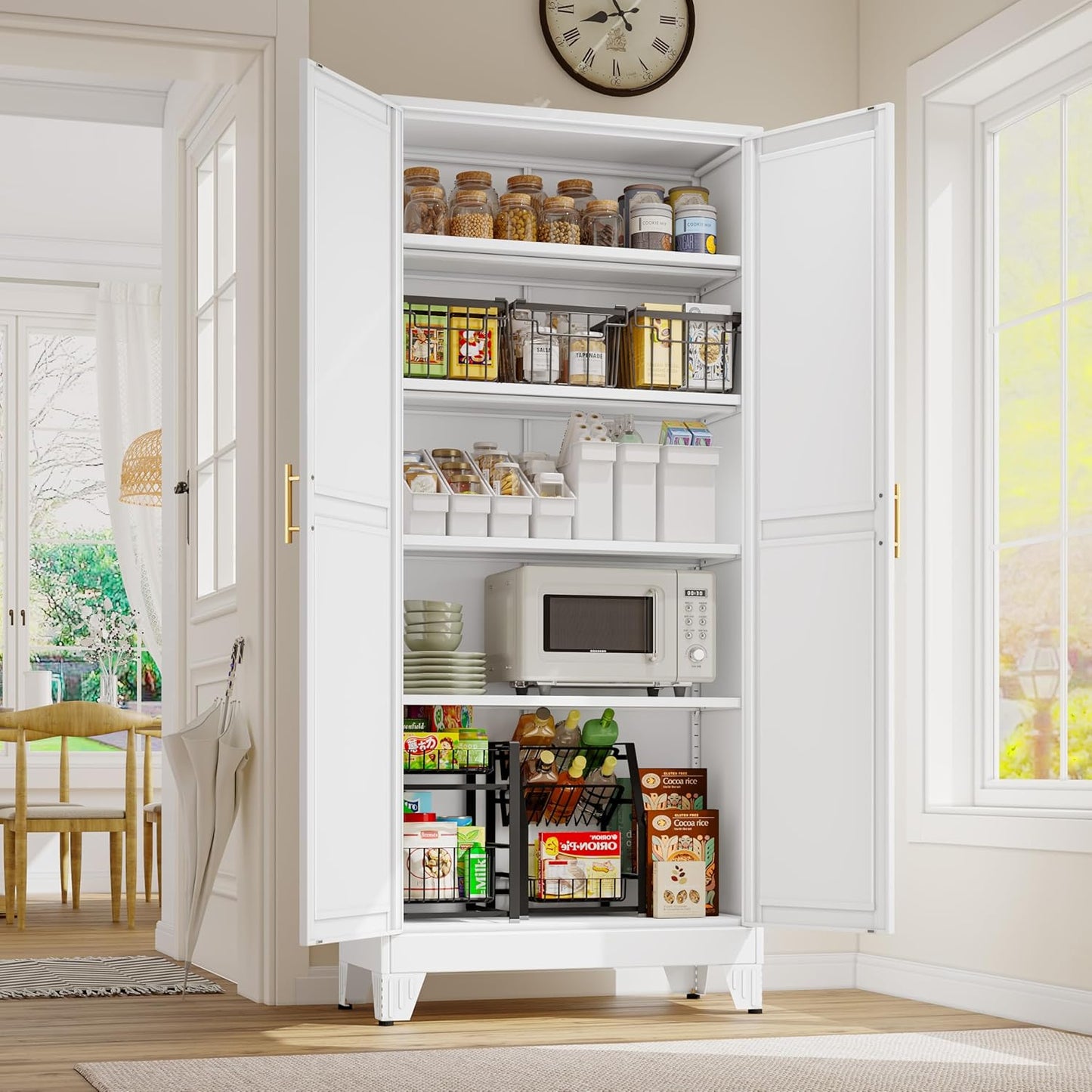 75.2" Tall Metal Kitchen Pantry Storage Cabinets with 2 Door and 5 Adjustable Shelves, Cupboard for Kitchen, Dining Room, Living Room and Bathroom, White