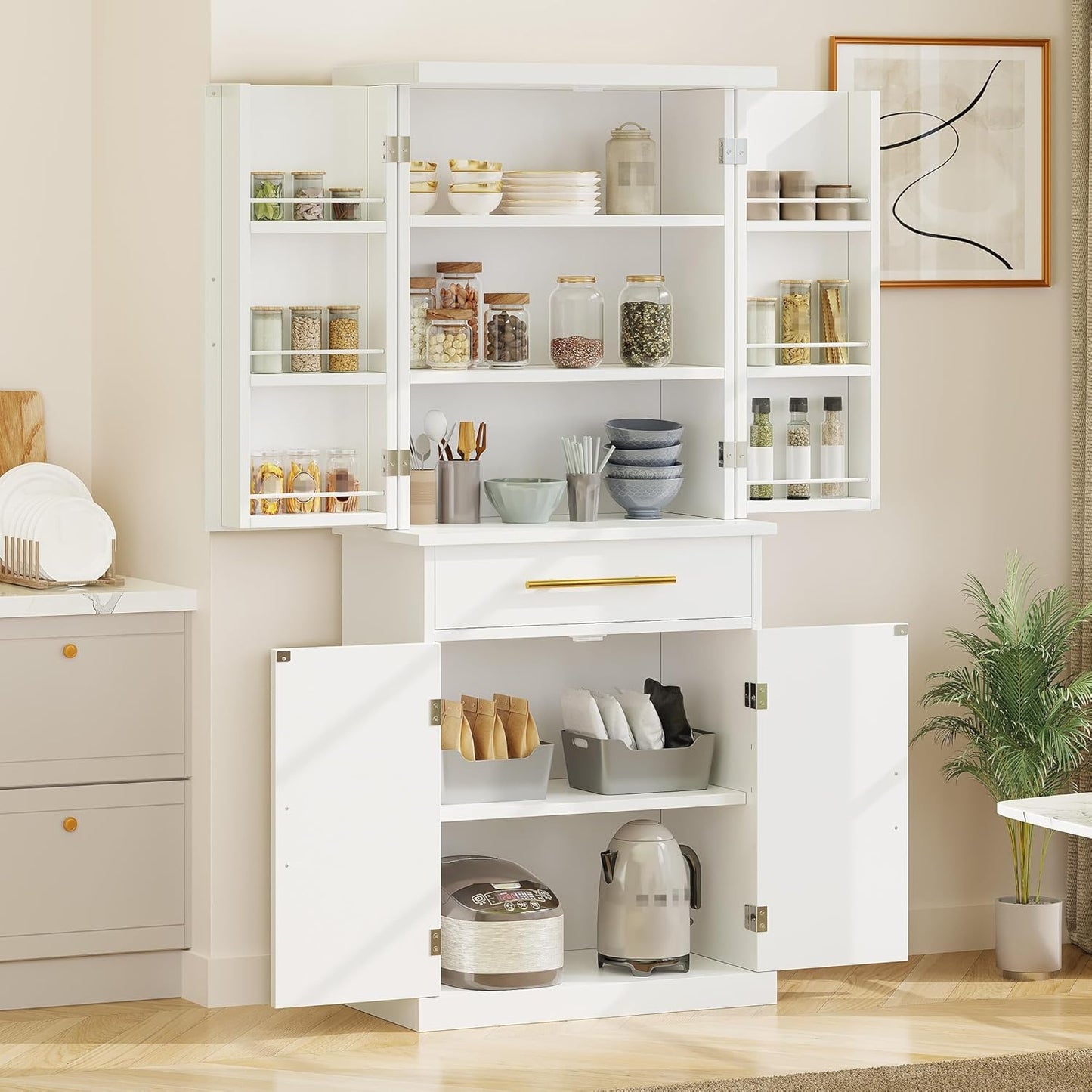 DWVO Kitchen Pantry Cabinet, 72'' Tall Freestanding Buffet Cupboard Kitchen Storage Cabinet with Drawer & 6 Side Shelves, Food Pantries for Dining Room, Living Room, White