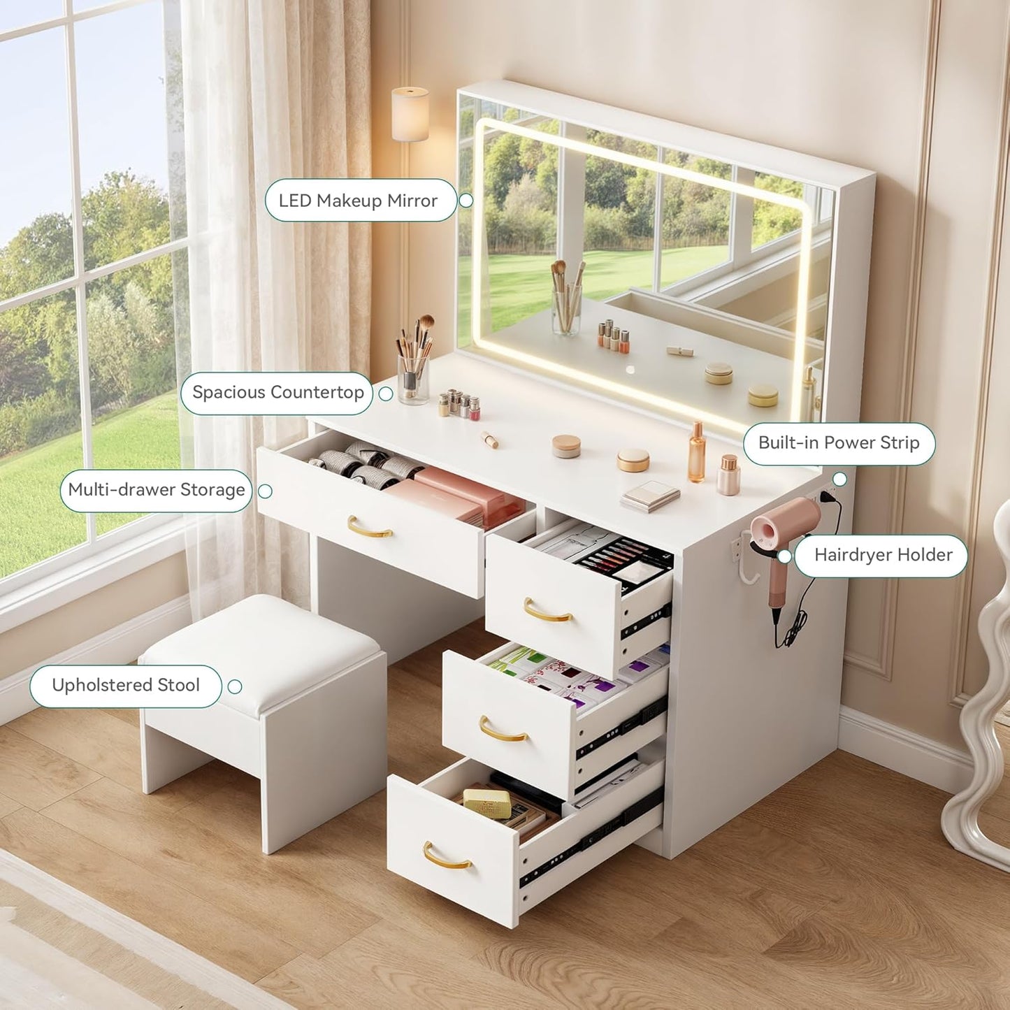 YITAHOME Vanity Desk Set with Large 35" LED Mirror and Lights, Makeup Table with 4 Drawers & Stool, 2 AC Outlets and 2 USB Ports, Adjustable Lighting, Modern Ample Storage Dressing Table, White