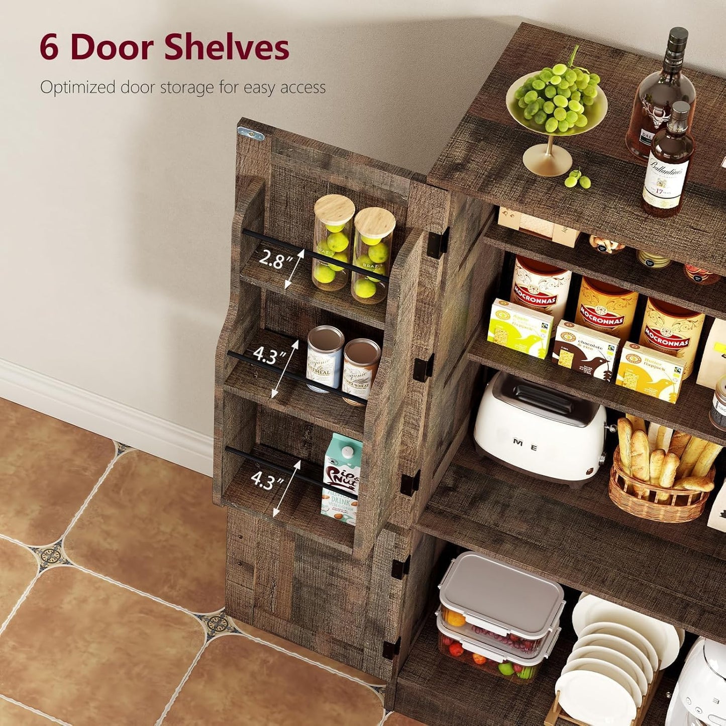 usikey Storage Cabinet with 4 Doors, 43.3" H Farmhouse Kitchen Cabinet with 6 Door Shelves, Kitchen Storage Cabinets with Adjustable Shelves, for Living Room, Antique Oak