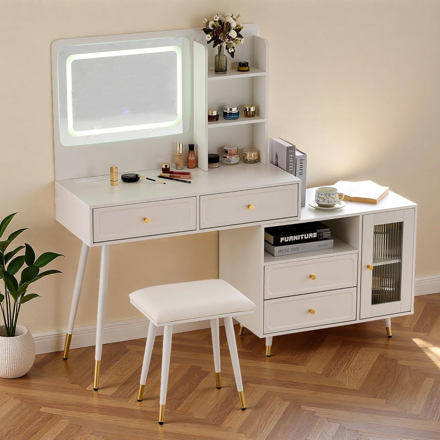 Wooden Makeup Vanity Desk, Modern Dressing Table with Spacious Desktop & Large Drawer, Stool, Space-Saving Dresser Table with Side Cabinets & Charging Port for Small Places, Walnut