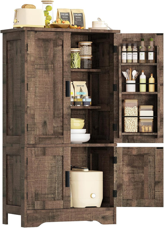 usikey Storage Cabinet with 4 Doors, 43.3" H Farmhouse Kitchen Cabinet with 6 Door Shelves, Kitchen Storage Cabinets with Adjustable Shelves, for Living Room, Antique Oak