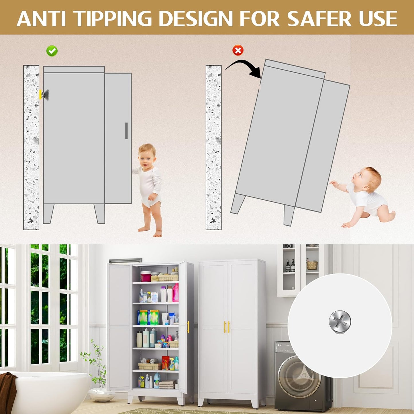 75.2" Tall Metal Kitchen Pantry Storage Cabinets with 2 Door and 5 Adjustable Shelves, Cupboard for Kitchen, Dining Room, Living Room and Bathroom, White