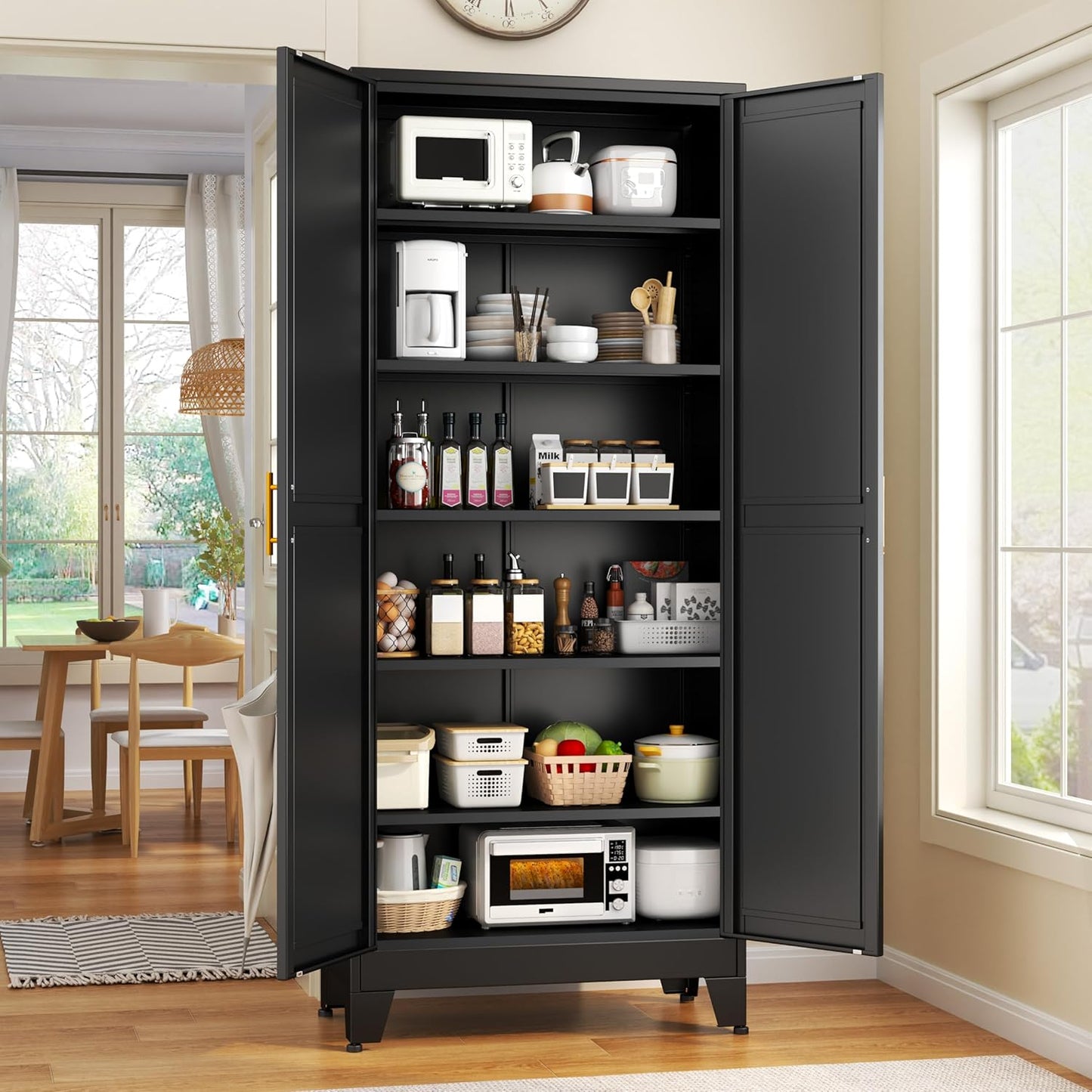 75.2" Tall Metal Kitchen Pantry Storage Cabinets with 2 Door and 5 Adjustable Shelves, Cupboard for Kitchen, Dining Room, Living Room and Bathroom, White