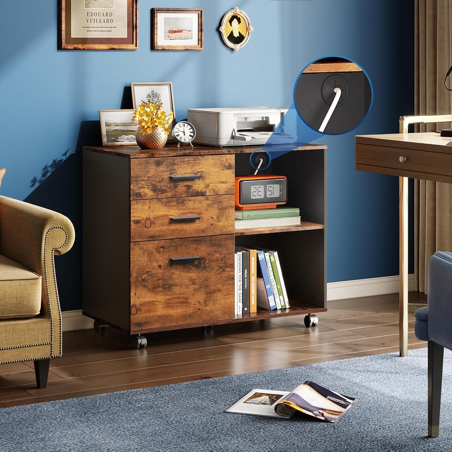 DEVAISE 3 Drawer Mobile File Cabinet, Wood Lateral Filing Cabinet, Printer Stand with Open Shelves for Home Office, Rustic Brown