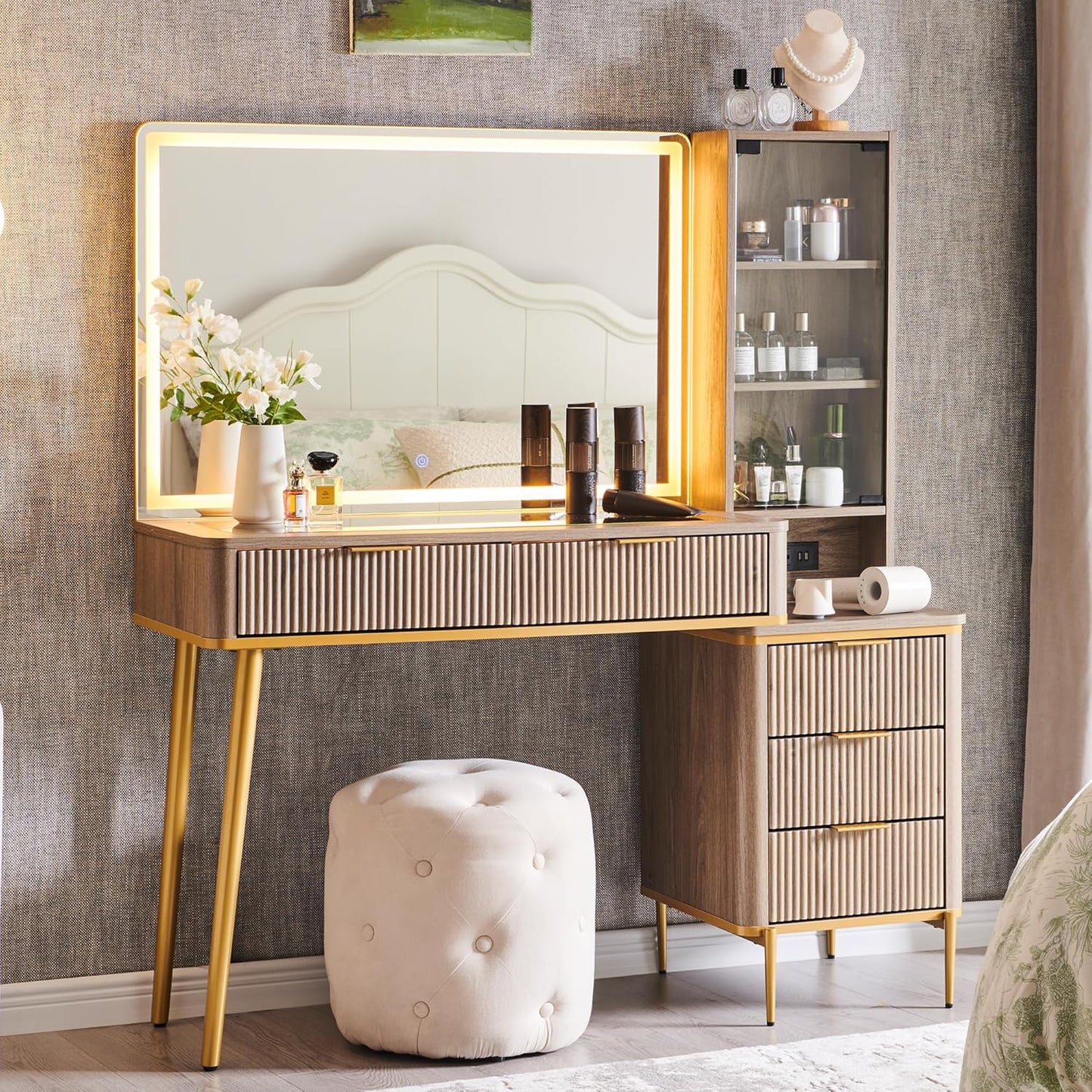 T4TREAM Fluted Makeup Vanity Desk with 36" HD Lighted Mirror, 48" Big Modern Vanity Desk with Mirror and Lights, Dressing Table with 5 Drawers & Shelves, Glass Top for Bedroom (Natural Oak)